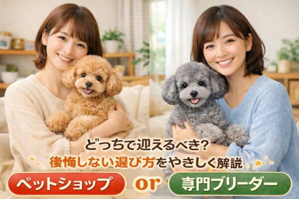 日本人女性がトイプードルを抱き、ペットショップと専門ブリーダーの選択をイメージさせる比較アイキャッチ画像