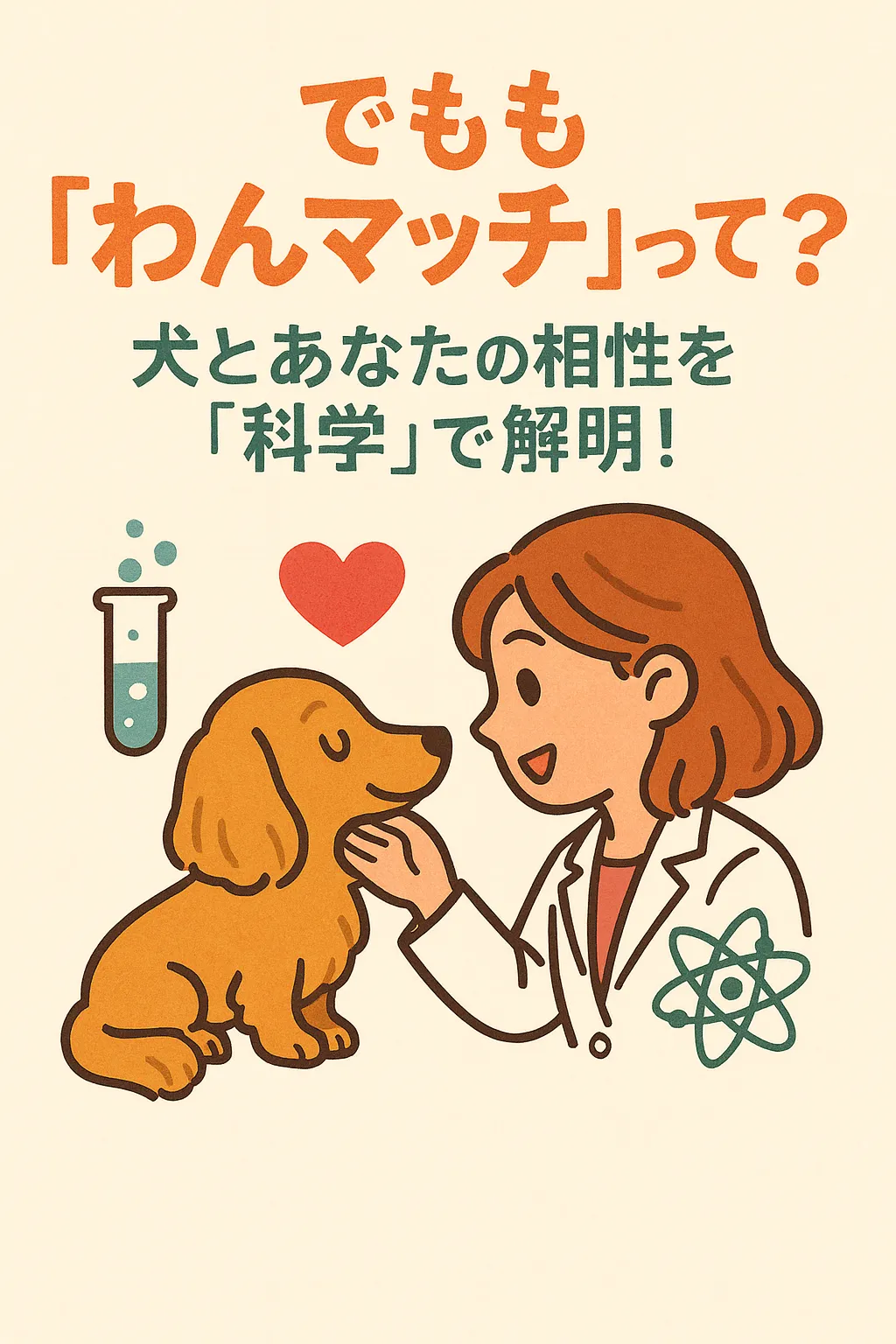白衣を着た研究者が犬と向き合い、DNA検査で飼い主との相性を解明する『わんマッチ』のイメージイラスト