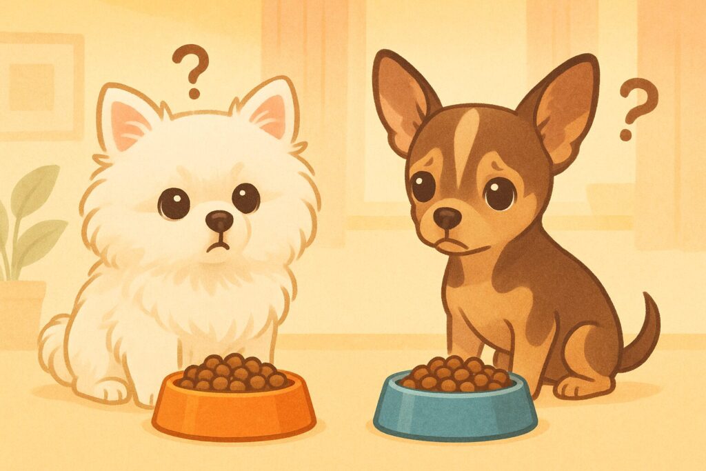 白ポメラニアンとアプリコットプードルが、カリカリを美味しそうに食べているイラスト