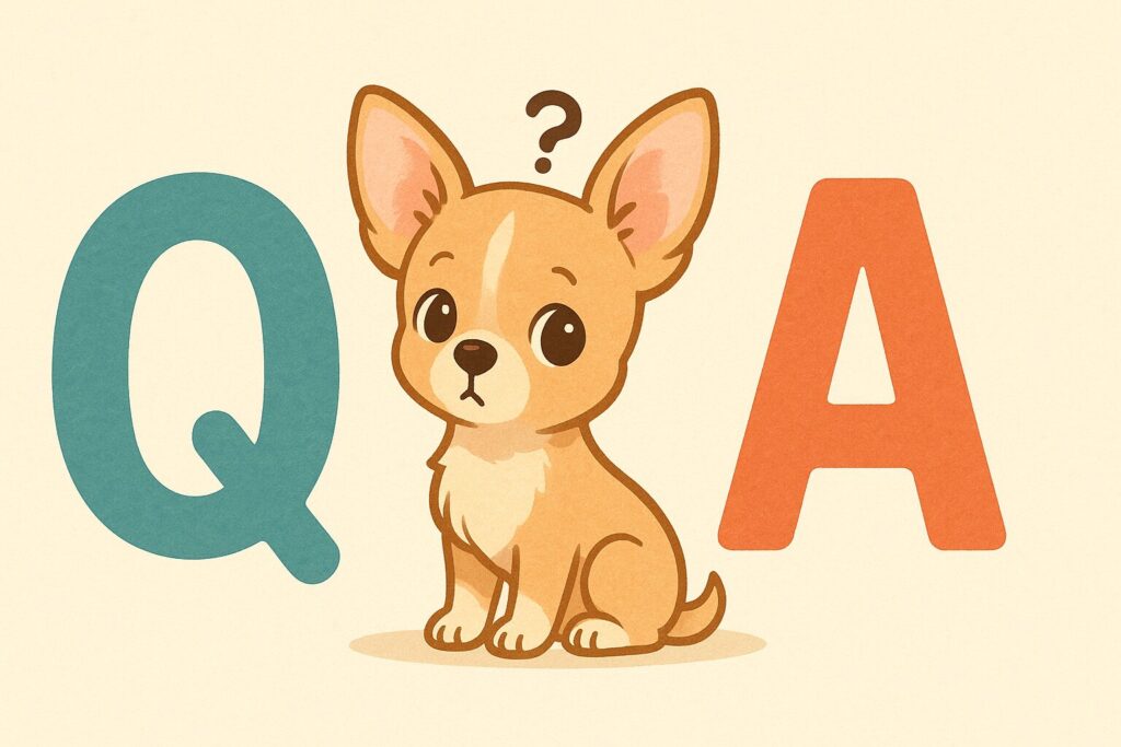 チワワの子犬が「Q」と「A」の文字の間で首をかしげているイラスト
