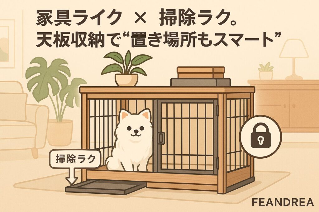 FEANDREAの木目調ウッディケージをイラスト化。白いポメラニアンが中でくつろぎ、引き出しトレーや二重ロック扉を強調。天板に観葉植物や雑貨が置かれ、リビングに馴染む雰囲気。