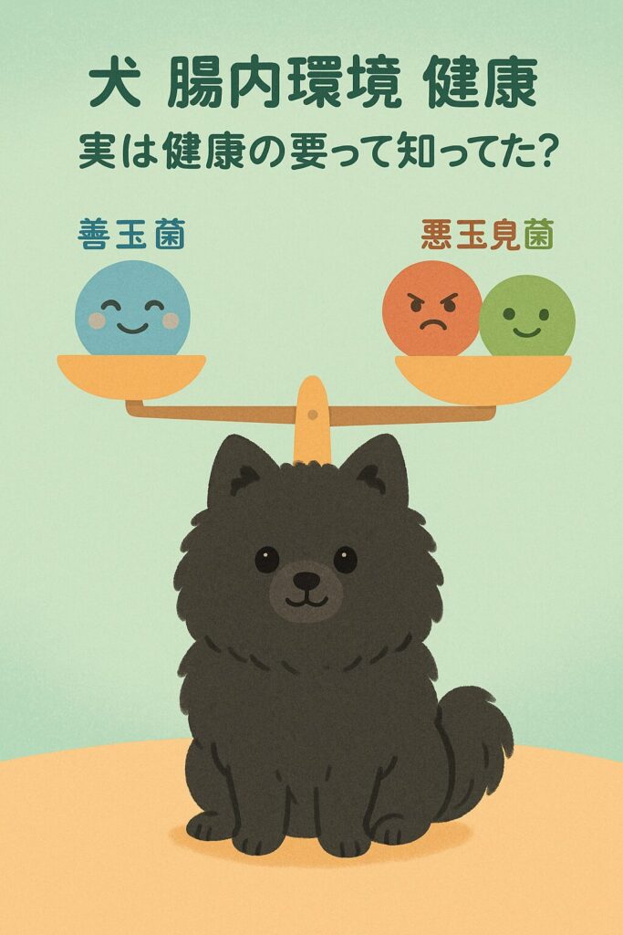 犬の腸内フローラのバランスを解説する可愛い図解イラスト(黒ポメラニアン)
