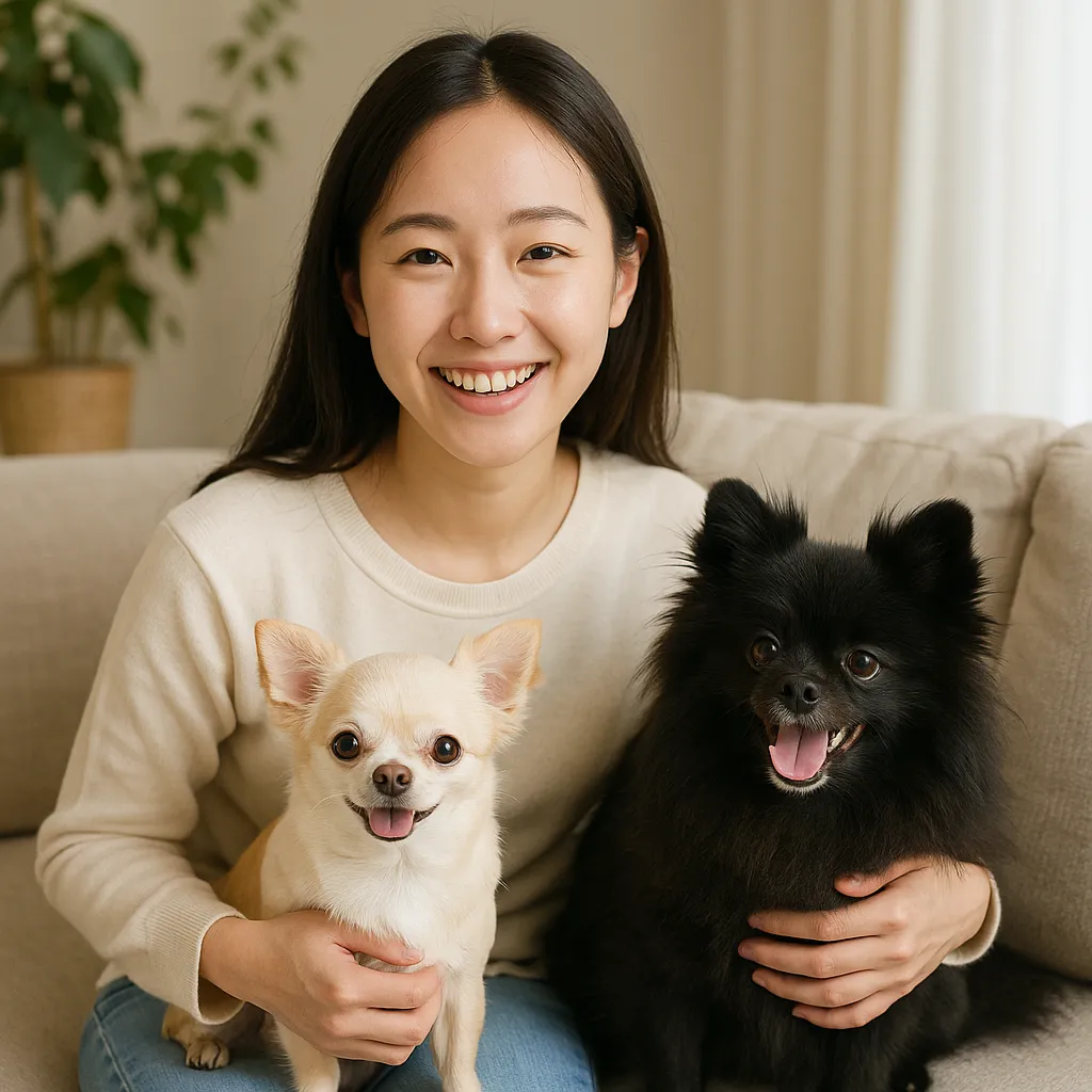 alt:ナチュラルなリビングで、日本人女性とチワワ・黒ポメラニアンがくつろぐライフスタイル写真。自然光、清潔感、温かい表情。