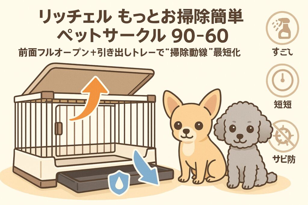 リッチェルの掃除簡単ペットサークル90-60をイラスト化。前面フルオープンと引き出しトレーの特徴を矢印で強調。チワワとシルバートイプードルが横にいて、掃除ラク・時短・サビ防止のアイコン付き。