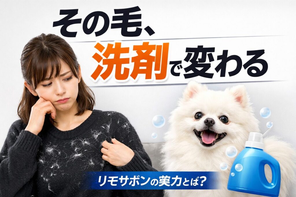 黒い服に犬の毛がついて困る女性とポメラニアン、洗剤で解決を示すビジュアル