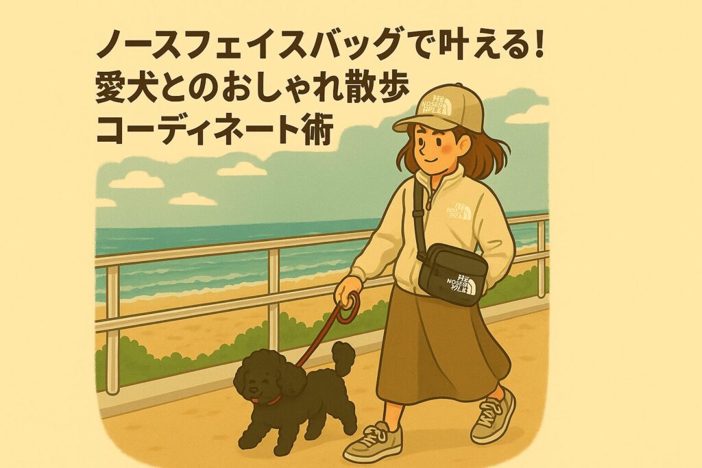 黒いプードルと海辺を歩く女性。ノースフェイスのバッグを使用し、おしゃれで快適な散歩を楽しむ様子