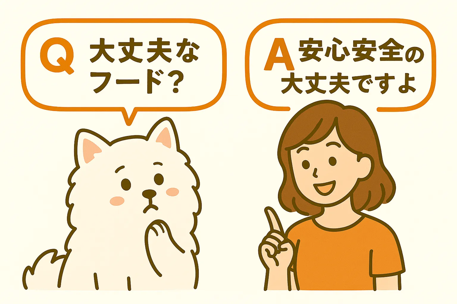 犬が首をかしげて質問し、飼い主が答えている吹き出しイラスト