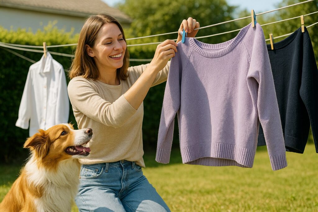 「犬と暮らす女性が洗濯物を干している様子（実写風）」