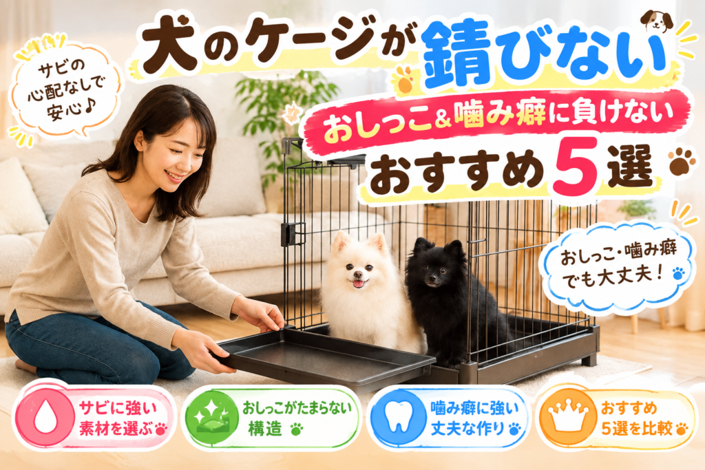 錆びにくい犬用ケージと愛犬、ケージを手入れする飼い主
