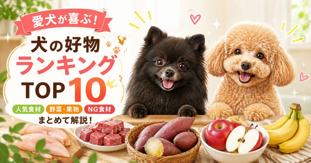 犬の好物ランキングTOP10を紹介するアイキャッチ画像。黒ポメラニアンとトイプードルの前に、ささみ、牛肉、さつまいも、りんご、バナナなど人気食材が並んでいる。