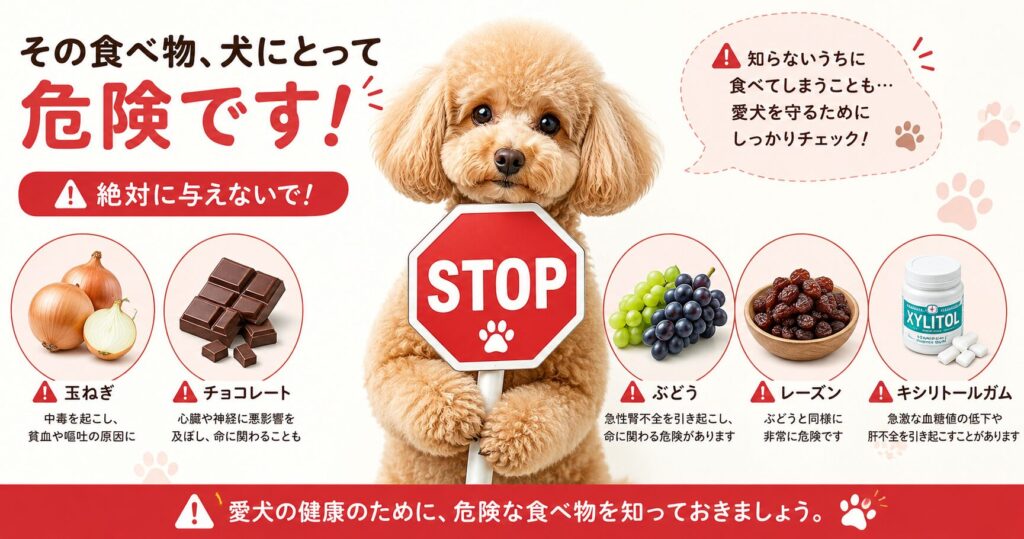 犬に与えてはいけないNG食材一覧を紹介するイラスト。玉ねぎ、チョコレート、ぶどう、レーズン、キシリトールなど危険な食べ物が表示され、犬が注意を呼びかけている。