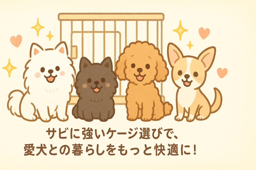白ポメラニアン、黒ポメラニアン、アプリコットプードル、チワワが楽しそうにケージの前に並び、背景にキラキラとハートが描かれた満足感あふれるイラスト。