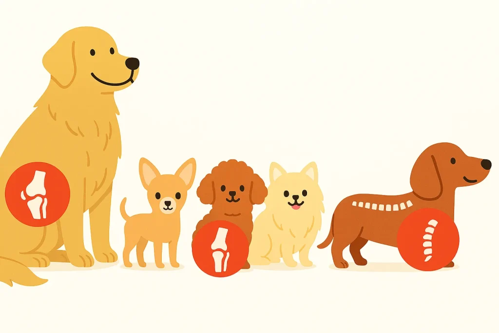 大型犬・小型犬・胴長犬の関節リスク部位を示したイラスト