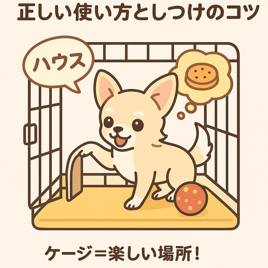 チワワが自らケージに入り、おやつやおもちゃで楽しそうに過ごすイラスト