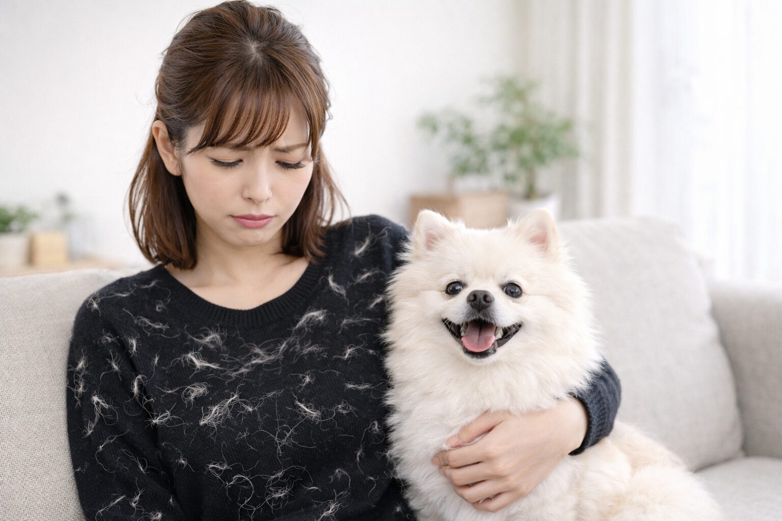 犬の抜け毛が黒い服に付着して困っている女性