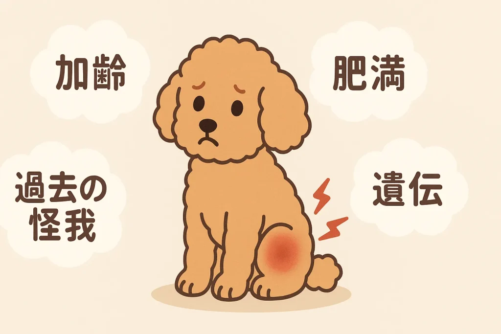 アプリコットプードルが座っていて、関節部分（膝や腰）に赤い痛みマーク。周りに吹き出しで「加齢」「肥満」「遺伝」「過去の怪我」などの原因を表示。
