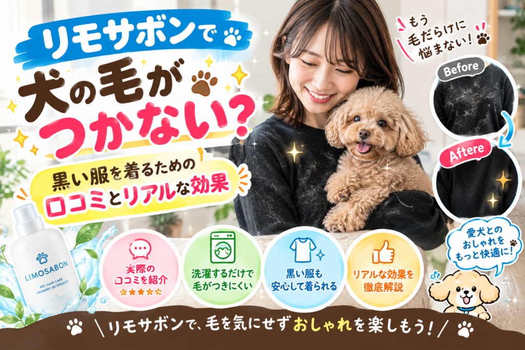 犬を抱いた飼い主と、リモサボン使用前後の黒い服の比較イラスト