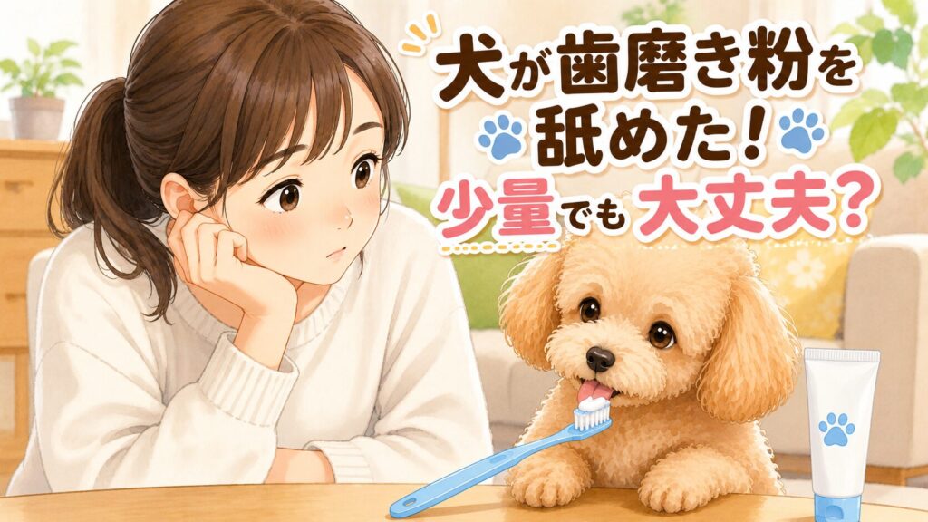 歯磨き粉を舐めてしまい心配そうに犬を見る飼い主