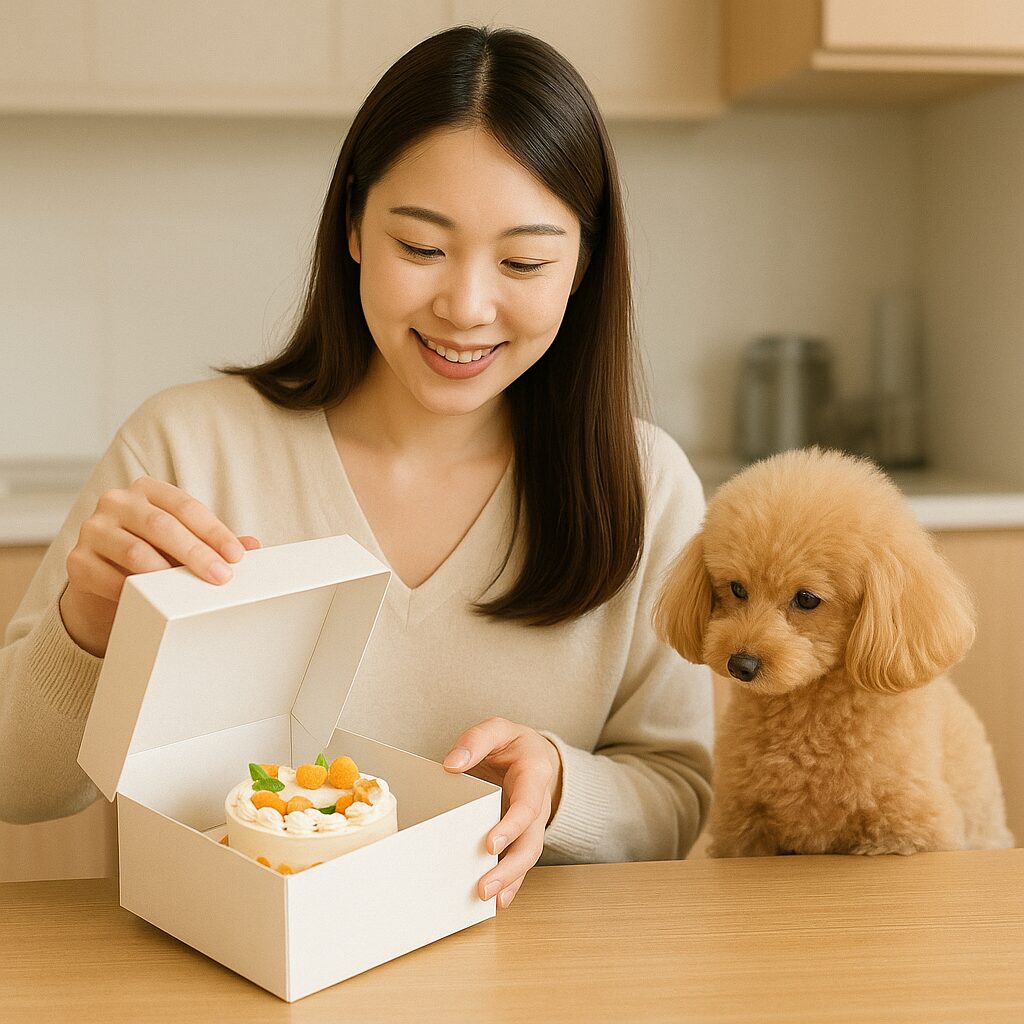 清潔感のある日本人女性が小型犬(アプリコットプードル)と通販の犬用ケーキをキッチンで開封している写真