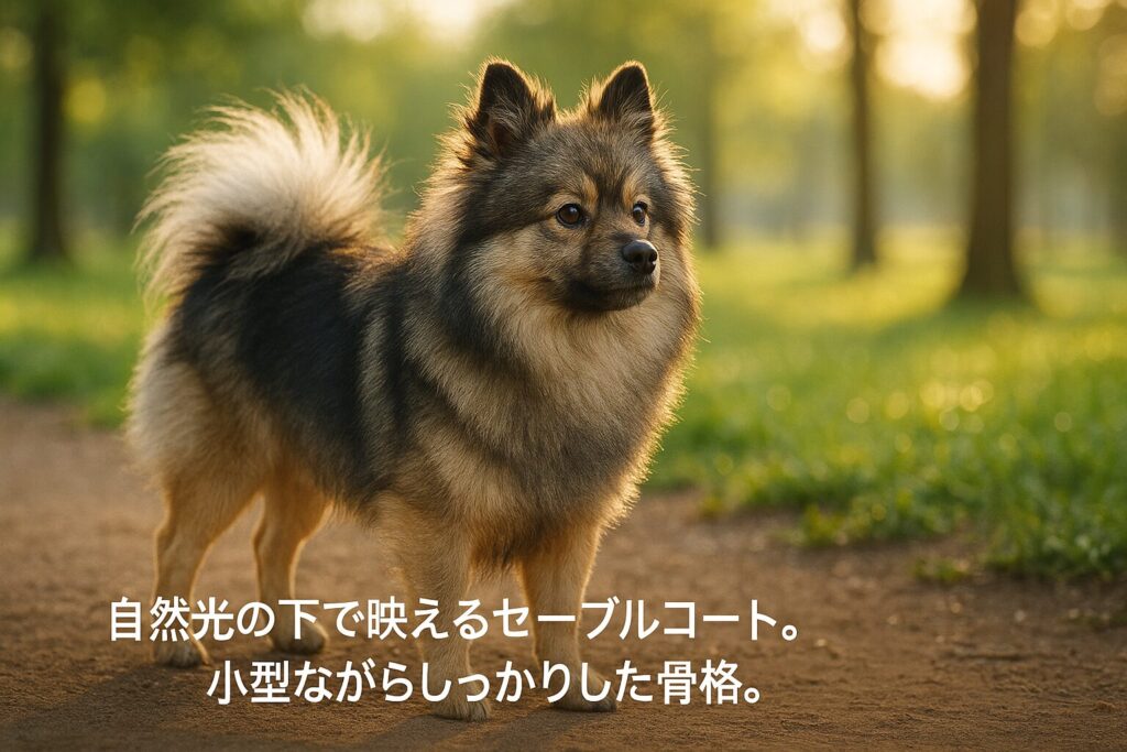 公園で佇むウルフセーブルのポメラニアン成犬の実写風写真。