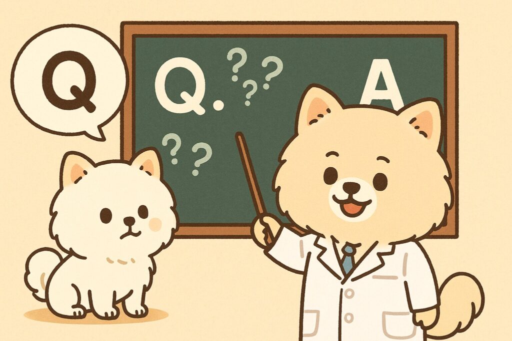 白衣姿のポメラニアンが黒板の前で質問に答えるイラスト