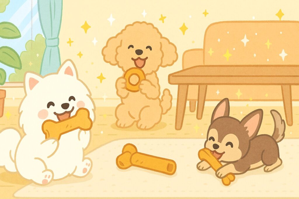 白ポメラニアンとプードル、チワワが牛革トイで遊ぶ明るいリビングのイラスト