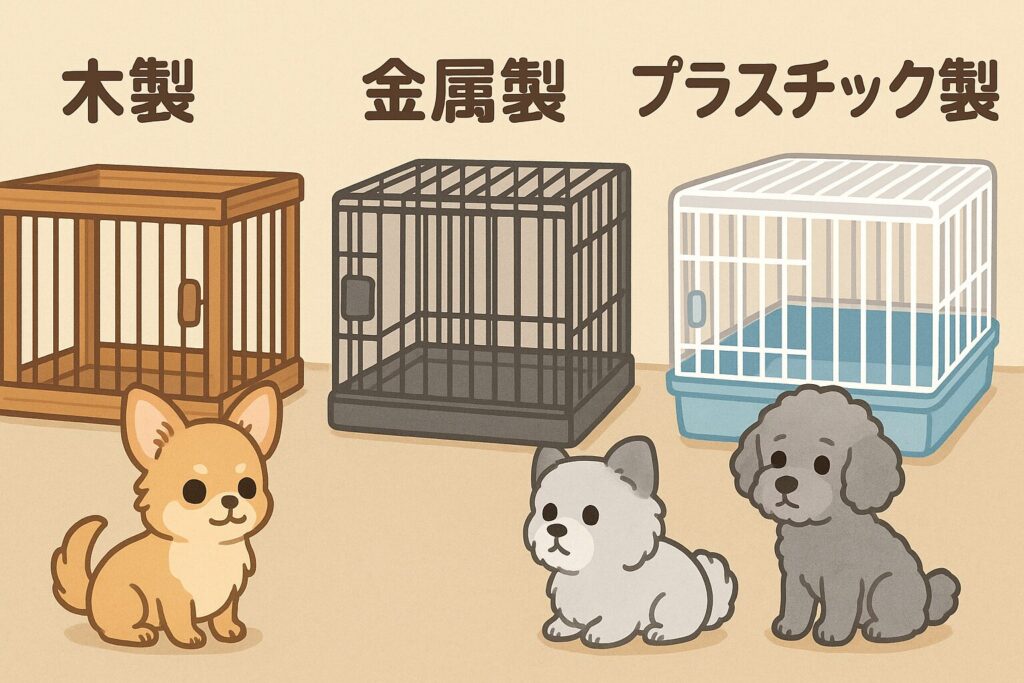 3種類の素材のケージを比べているチワワとシルバートイプードルのイラスト