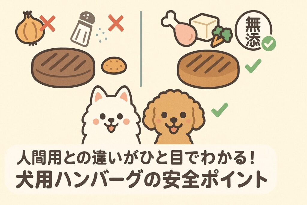「犬用ハンバーグの特徴をアイコンで示すイラスト。玉ねぎ・塩分はNG、豆腐や野菜・無添加はOKとわかりやすく表現」
