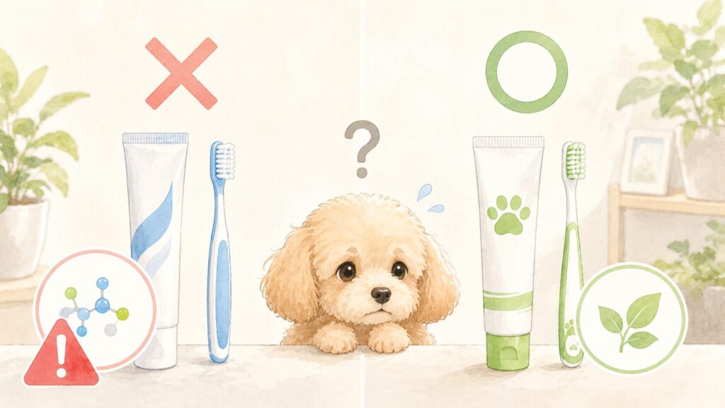人間用歯磨き粉と犬用歯磨き粉を比較しているイメージ