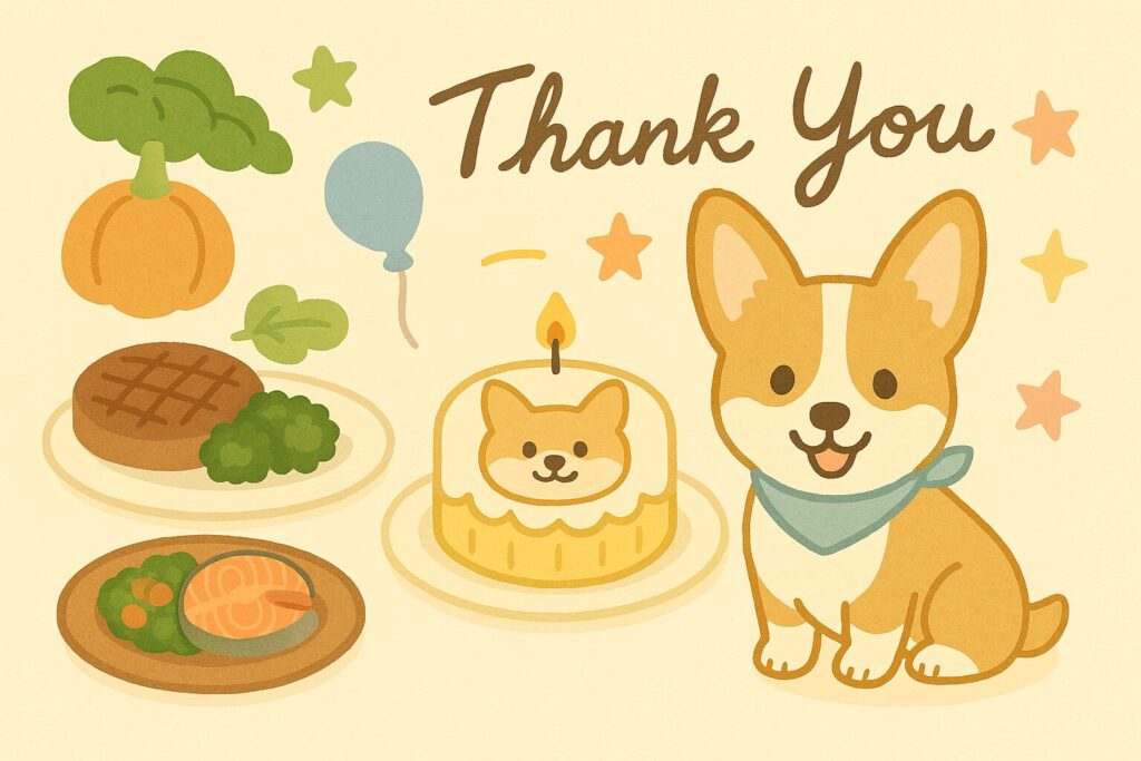 リボンで飾った犬用ケーキとウィンクするチワワの締め用イラスト