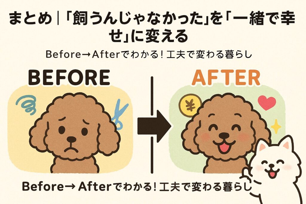 左半分で困り顔、右半分で笑顔のトイプードル。背景にトリミング・お金・ハートのアイコン。端には親指を立てる白ポメがいるコミカルなイラスト