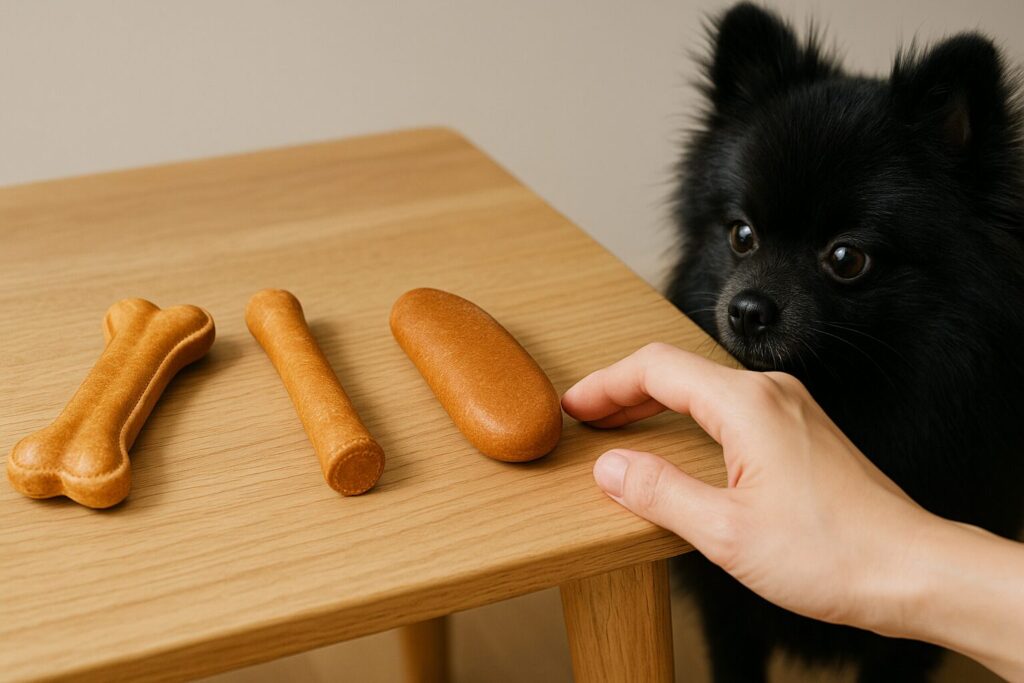 木製テーブルに並ぶ牛革犬用おもちゃ3種を黒ポメラニアンが見つめる比較写真