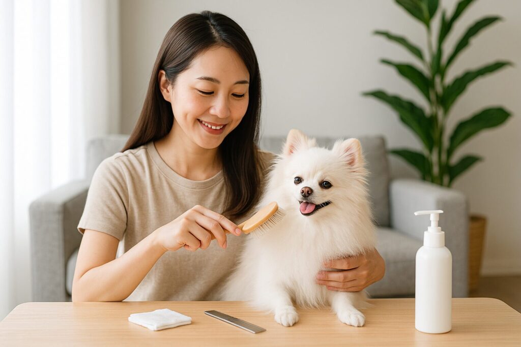 日本人女性が白ポメラニアンをブラッシングしているリビングの写真