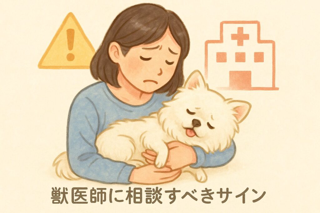 病院受診が必要なサインを示す犬と飼い主のイラスト