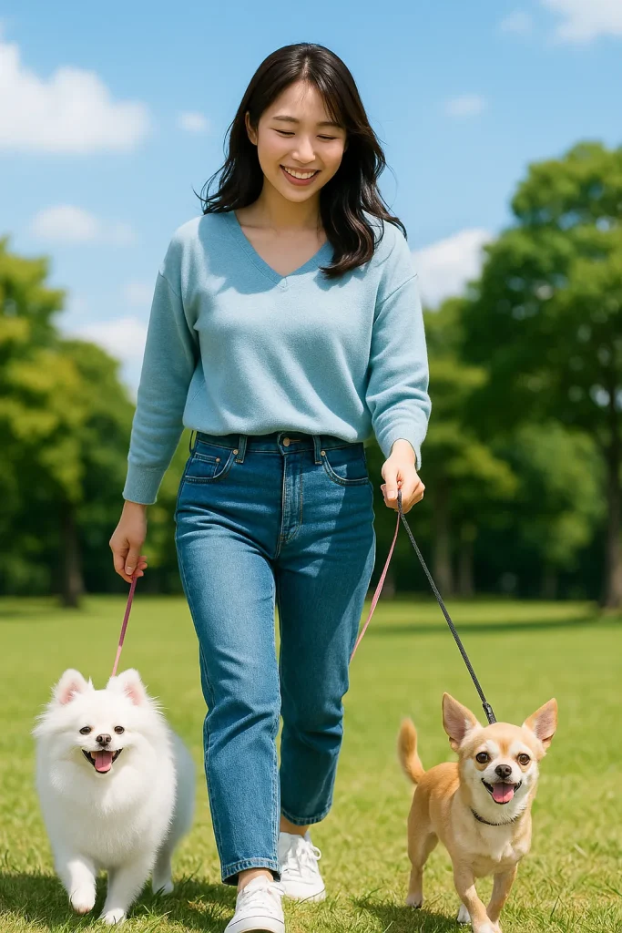 日本人女性が白ポメラニアンとチワワを連れて公園を散歩している。犬たちが健康的に痩せ、元気いっぱいの様子が伝わる写真。