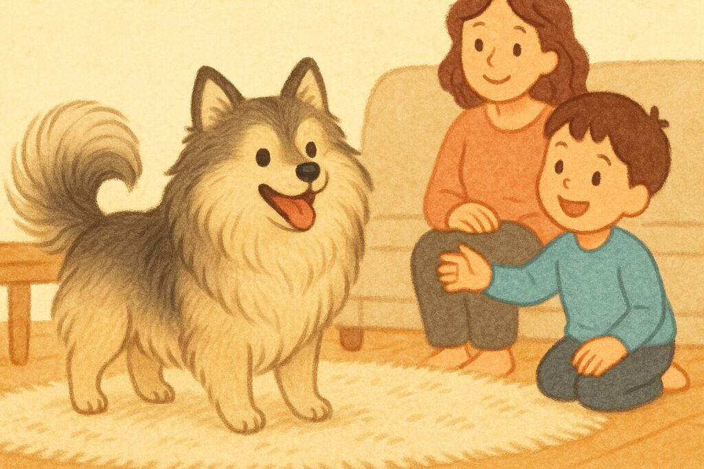 リビングで家族のそばに寄り添うウルフセーブルのポメラニアンのイラスト。