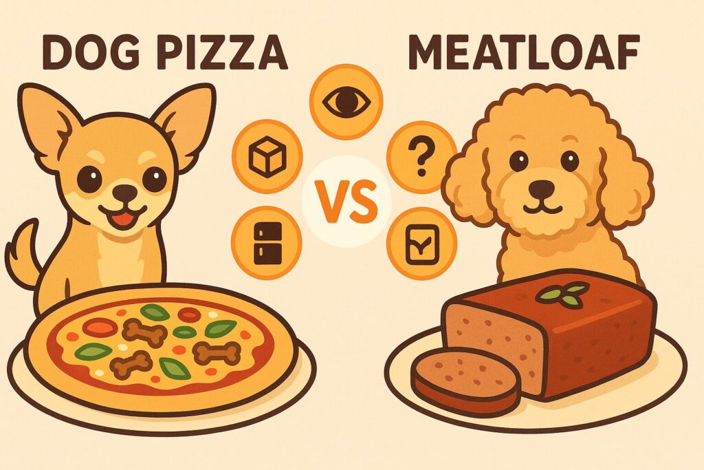 左に犬用ピザ、右にミートローフ、中央に比較アイコン(食感・見た目・適性・保存)を示すインフォグラフィック風イラスト。チワワとアプリコットプードルを左右に配置。