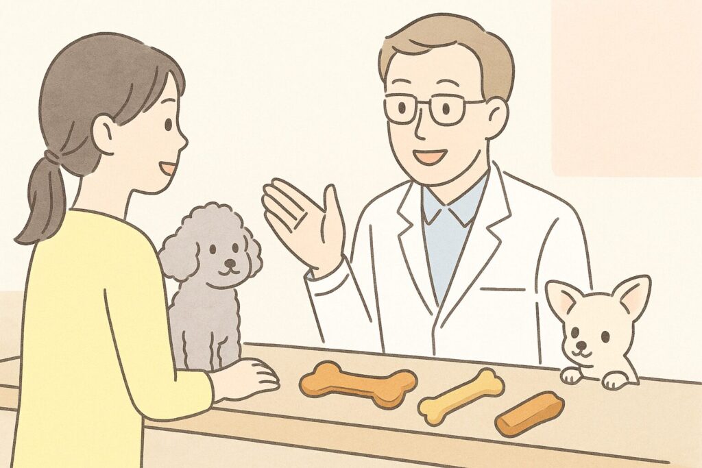 牛革おもちゃに関する質問を獣医に相談する様子のやさしいコミック風イラスト