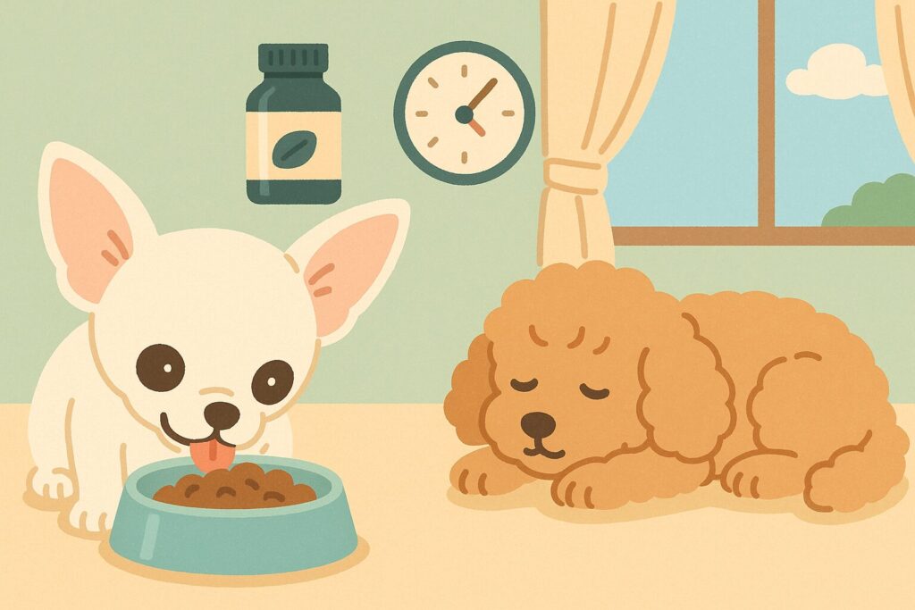 家庭でできるケアを受けるチワワとプードルのイラスト