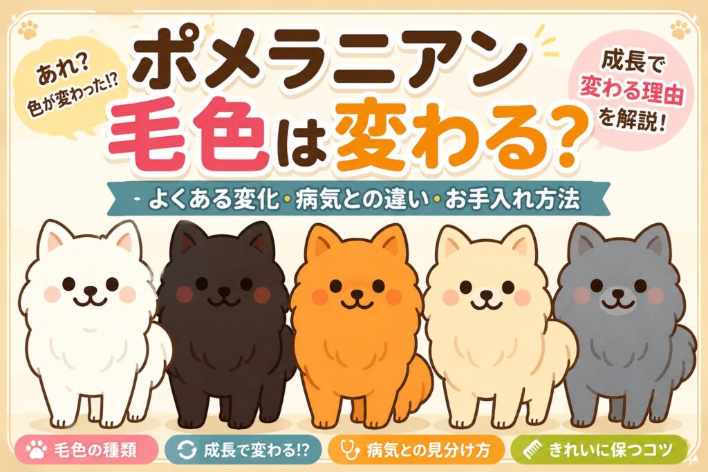 ホワイトやブラック、オレンジ、クリームなど毛色の違うポメラニアンを並べ、成長による毛色の変化をイラストで表現した画像