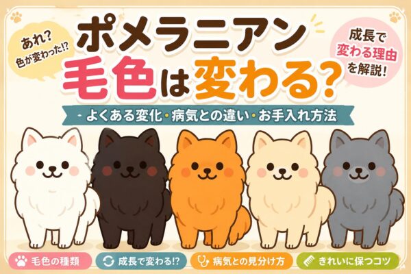 ホワイトやブラック、オレンジ、クリームなど毛色の違うポメラニアンを並べ、成長による毛色の変化をイラストで表現した画像