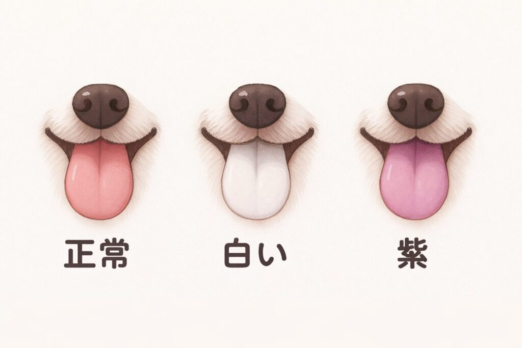 犬の舌が白い・紫になる場合と正常な薄いピンク色の比較イラスト