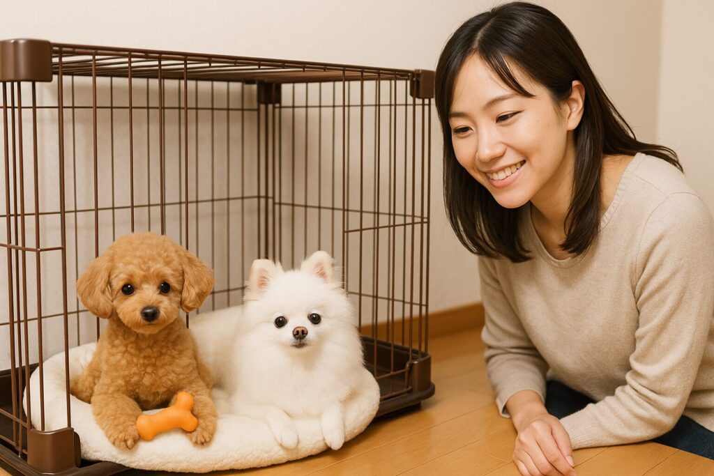 ケージ内で快適に過ごすポメラニアンとトイプードル、それを笑顔で見守る日本人女性の写真