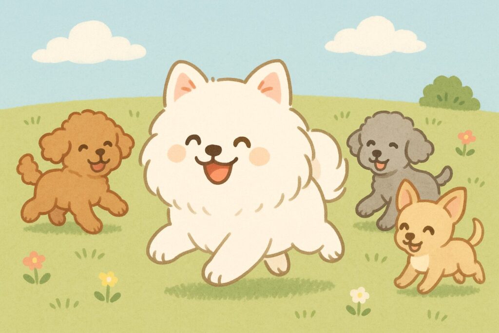 白ポメとプードル、チワワが公園で楽しそうに走り回っているイラスト
