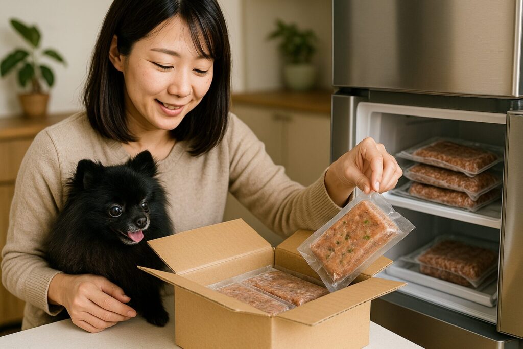 日本人女性が黒ポメラニアンと一緒に宅配箱を開け、個包装の冷凍ミートローフを冷凍庫にしまう実写風写真。