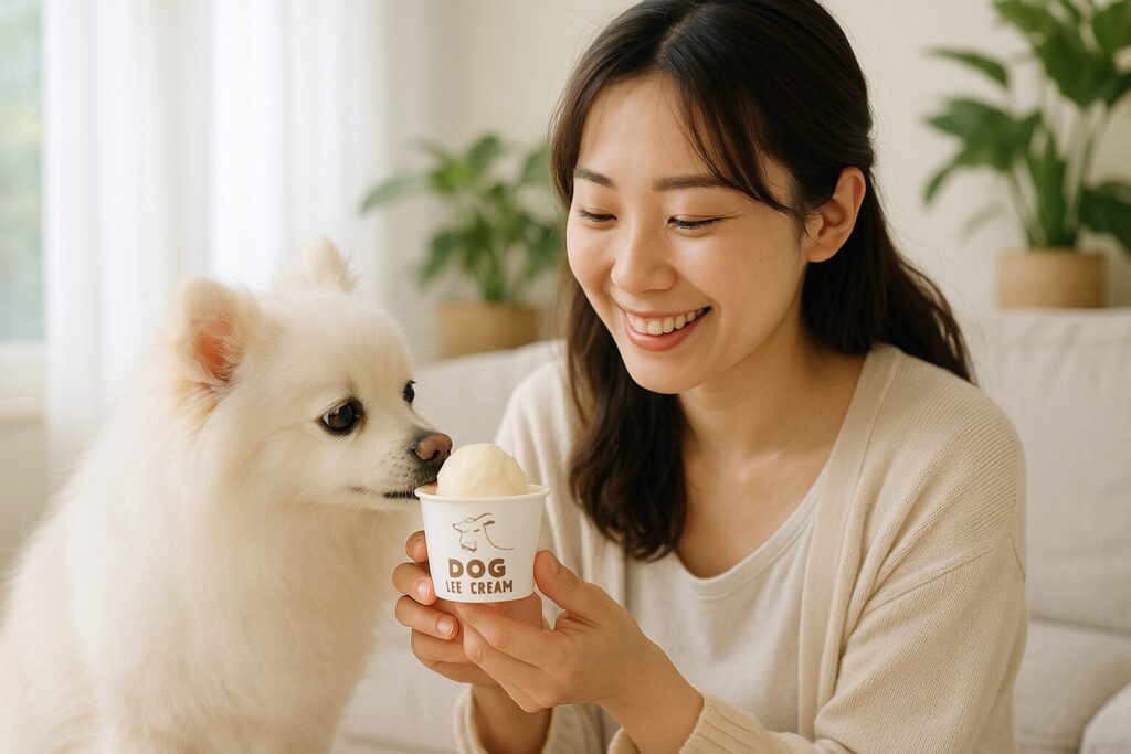 清潔感のある日本人女性が白ポメラニアンに犬用アイスを与える、自然光リビングの写真