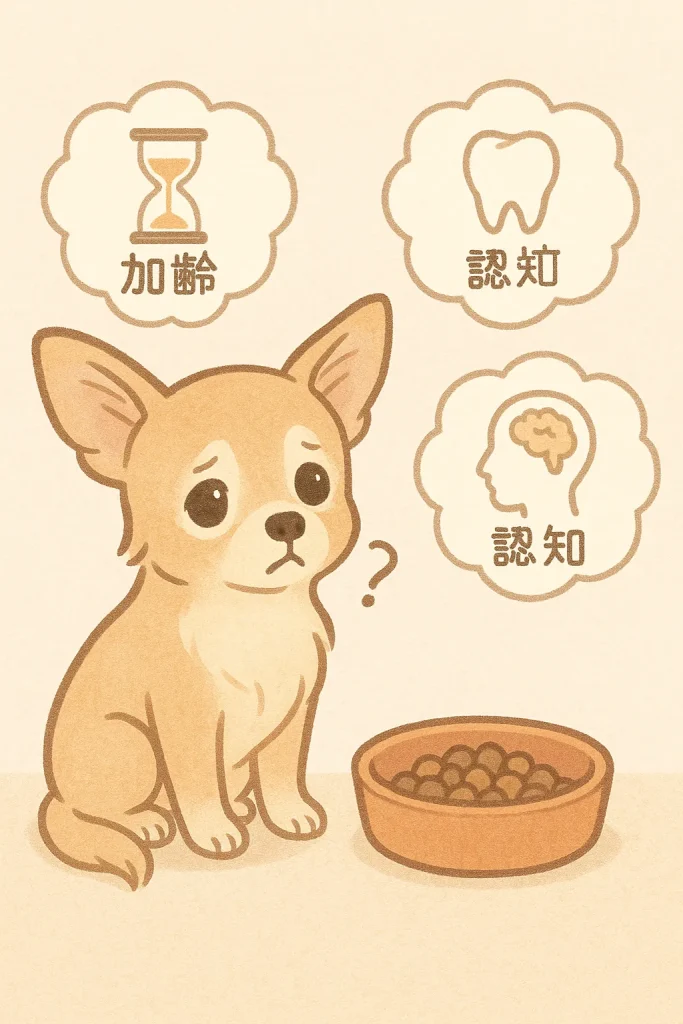食器の前に座って首をかしげるチワワのイラスト。吹き出しに「加齢」「口腔トラブル」「認知機能低下」を示すアイコンが配置され、食欲低下の理由を表現。