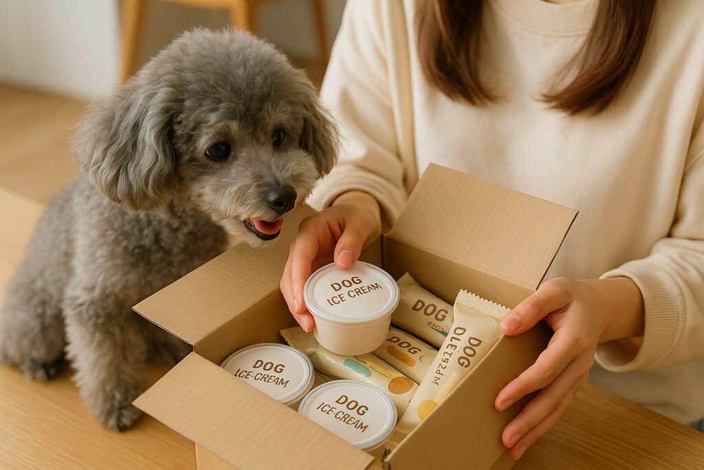 日本人女性の手元とシルバートイプードル、段ボールから犬用アイスを取り出す生活シーン
