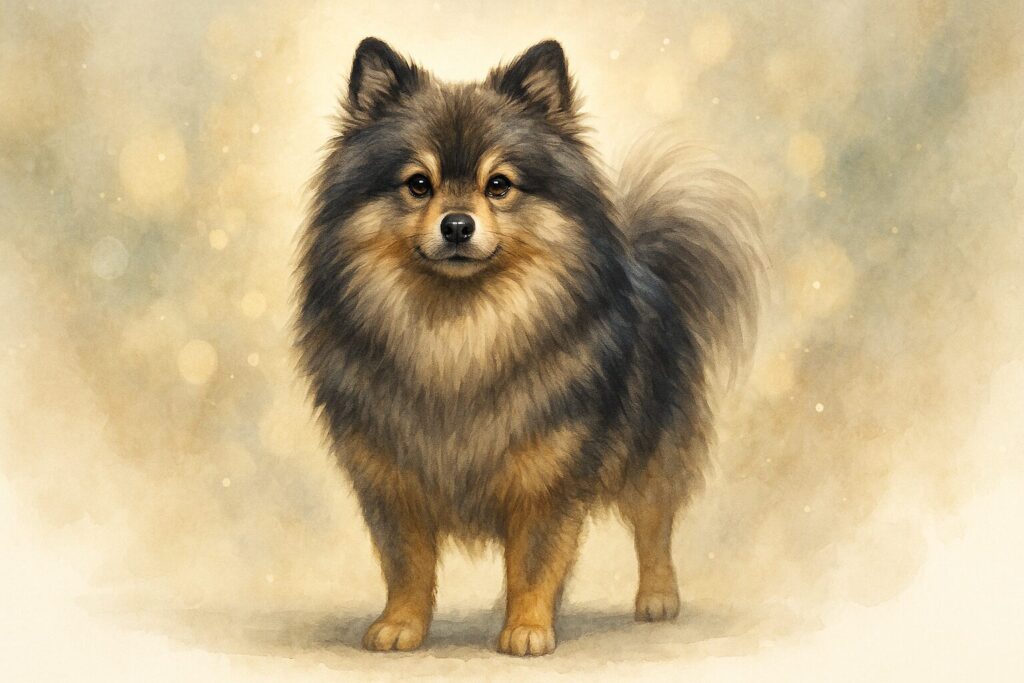 堂々と立つウルフセーブルのポメラニアン成犬を正面から描いたイラスト。