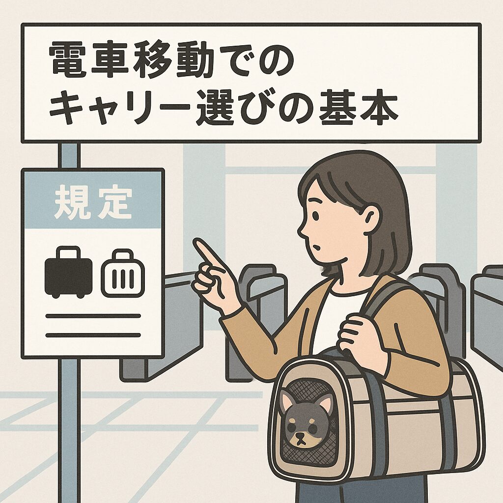 改札前でキャリー規定を確認する日本人女性とチワワ(顔は出さずメッシュ越し)|電車移動の基本